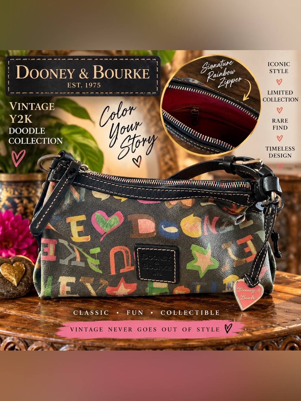 Rare! vintage ~ Dooney & Bourke Black Multicolor Doodle bag